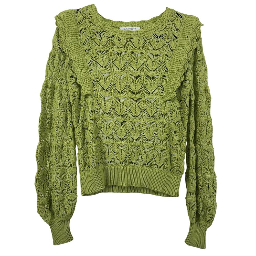 Single Thread Size S Pullover Crewneck Sweater Peasant‎ Ruffle Coquette Green
